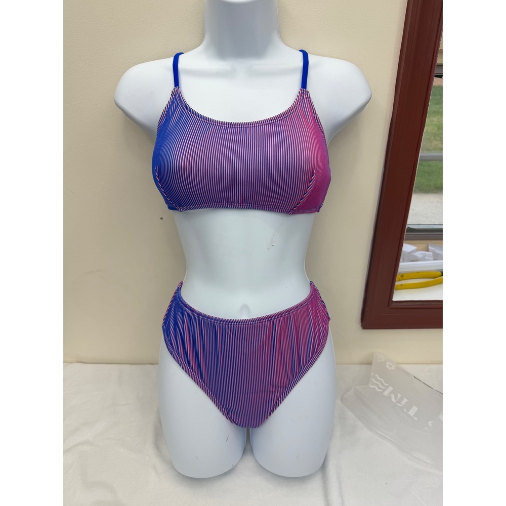 Has Times Bikini Swimsuit Womens Small Blue Pink Stripe Tie Back Two Piece NWT